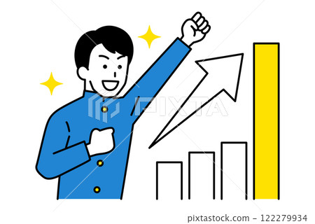 A male student who is happy with a growing graph and a fist pump A male student who is happy with a growing graph and a fist pump 122279934
