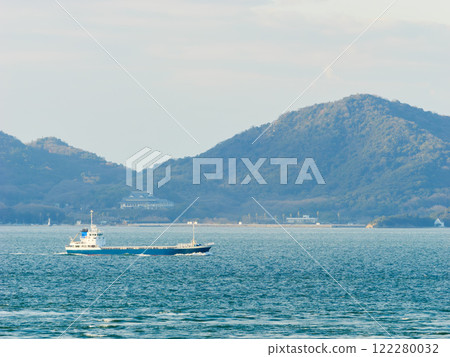 Scenery of the Seto Inland Sea with merchant ships floating 122280032