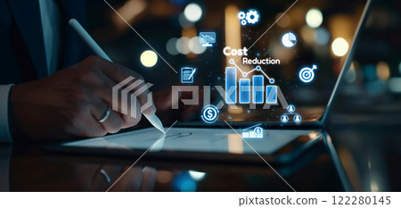 Cost reduction, cost saving concept shown by digital graphic EIDE overlays 122280145