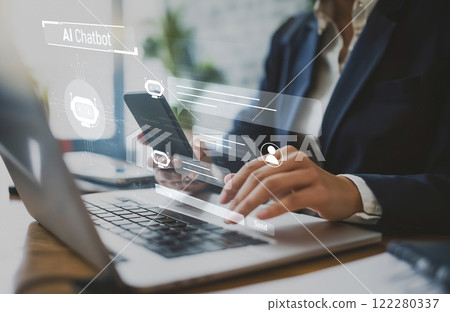 Human interact with AI artificial intelligence virtual assistant EIDE 122280337