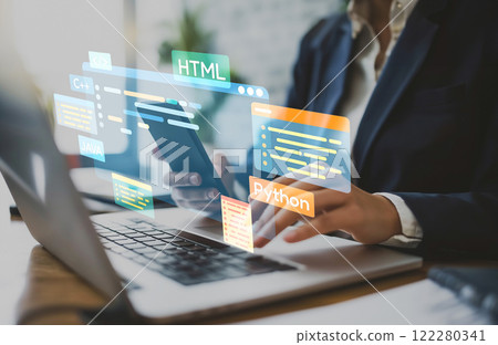 Software developer work with coding overlays of...-照片素材（圖片） [122280341 ...