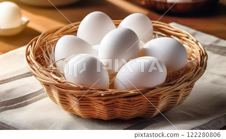 2 white eggs in a basket 122280806