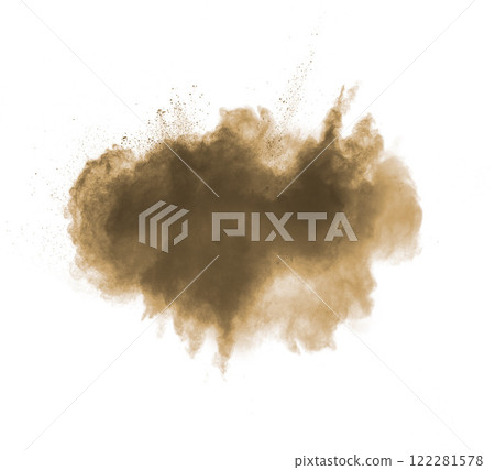 Deep brown powder dust explosion on white background. 122281578