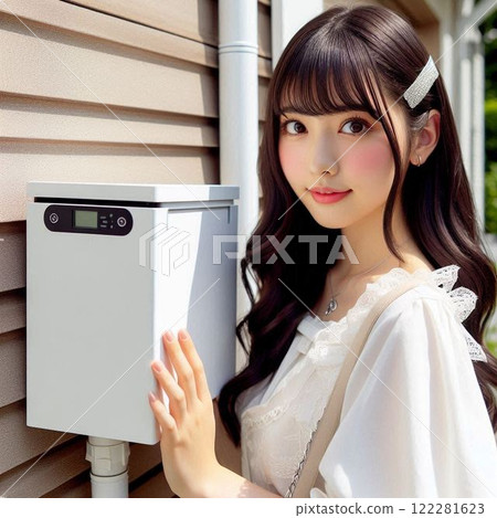 日本女人把手放在蓄電池上 122281623