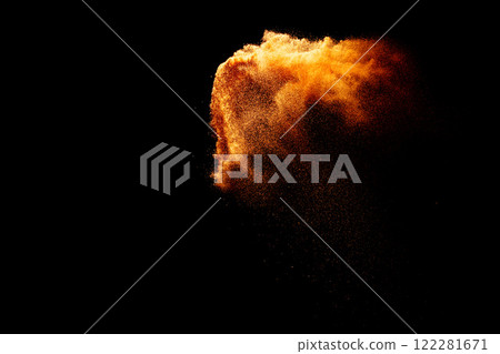 Sand flying explosion isolated on black background ,throwing freeze stop motion object design. Sand flying explosion isolated on black background ,throwing freeze stop motion object design. 122281671