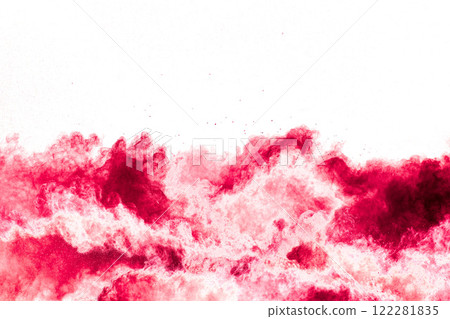 Red powder explosion cloud on white background. Freeze motion of red color dust particles splashing. Red powder explosion cloud on white background. Freeze motion of red color dust particles splashing. 122281835