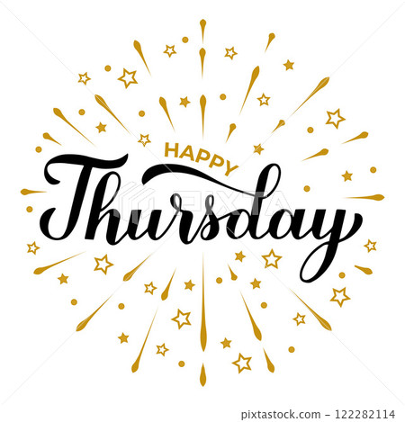 Happy Thursday calligraphy hand lettering. Handwritten inspirational quote typography poster. Vector template for banner, sticker, t-shirt, etc. Happy Thursday calligraphy hand lettering. Handwritten inspirational quote typography poster. Vector template for banner, sticker, t-shirt, etc. 122282114