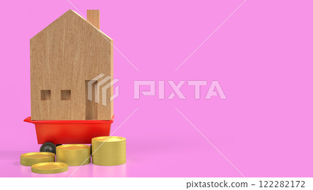 The Wood  House on red cart for Property or Building concept 3d Rendering. 122282172