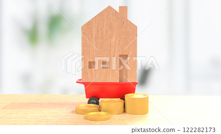 The Wood  House on red cart for Property or Building concept 3d Rendering. 122282173
