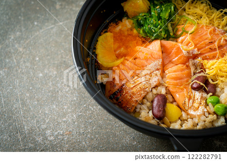 grilled salmon with brown rice donburi grilled salmon with brown rice donburi 122282791