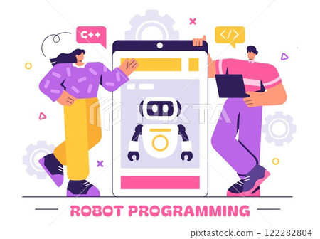 Robot Programming Vector Illustration Featuring an Artificial Intelligence Robot Interacting with a Digital Data Interface for Advanced Technology Robot Programming Vector Illustration Featuring an Artificial Intelligence Robot Interacting with a Digital Data Interface for Advanced Technology 122282804