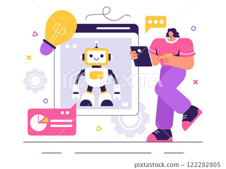 Robot Programming Vector Illustration Featuring an Artificial Intelligence Robot Interacting with a Digital Data Interface for Advanced Technology Robot Programming Vector Illustration Featuring an Artificial Intelligence Robot Interacting with a Digital Data Interface for Advanced Technology 122282805