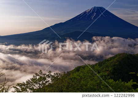 從全景平台可以看到清晨的精進湖和富士山的新綠 122282996
