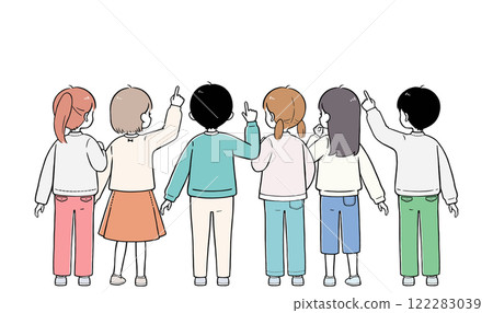 Elementary school students, boys and girls, consultation, simple back view illustration Elementary school students, boys and girls, consultation, simple back view illustration 122283039