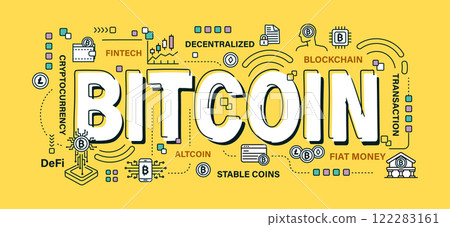 Bitcoin . Word and outline icon on solid color background . Cryptocurrency concept . Vector . Editable stroke . 122283161