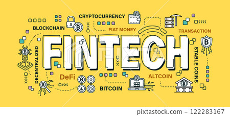 Fintech . Word and outline icon on solid color background . Cryptocurrency concept . Vector . Editable stroke . 122283167