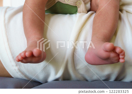 Tiny baby feet resting on soft surface, showcasing delicate toes and smooth skin. image captures moment of innocence and warmth, perfect for family themes Tiny baby feet resting on soft surface, showcasing delicate toes and smooth skin. image captures moment of innocence and warmth, perfect for family themes 122283325