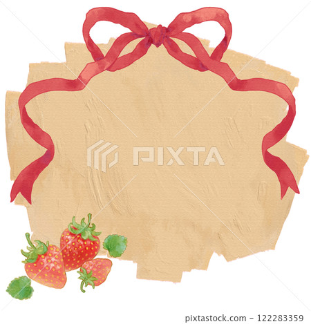 Strawberries and red ribbon, decorative frame, background material, craft paper style 122283359