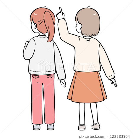 Elementary school girls consulting with each other Simple illustration of a back view 122283504