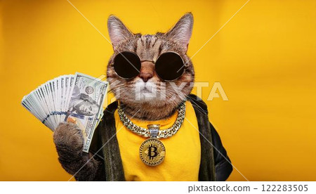 A fashionable hip-hop style cat wearing a bitcoin necklace 122283505