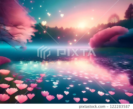 romantic sunset over the lake romantic sunset over the lake 122283587