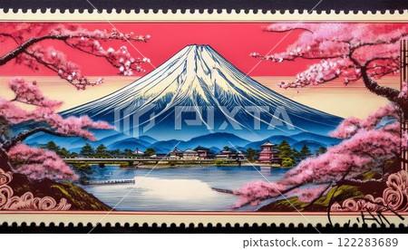 以富士山和櫻花為特色的傳統日本郵票設計 122283689