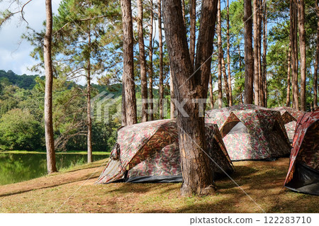 Camping on the lake in the pine forest Camping on the lake in the pine forest 122283710