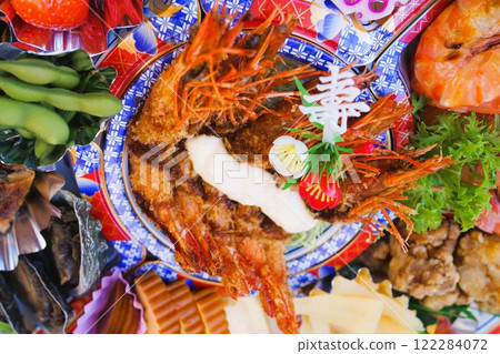 Hors d'oeuvres for New Year's dishes, material, background Hors d'oeuvres for New Year's dishes, material, background 122284072