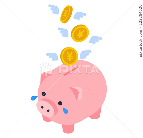 Isometric illustration of money decreasing from a piggy bank 122284520