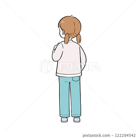 Elementary school student, girl worried about her back view, simple touch illustration 122284542