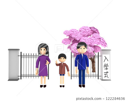 家長和孩子站在櫻花盛開的小學校門前,參加入學儀式。 家長和孩子站在櫻花盛開的小學校門前,參加入學儀式。 122284636