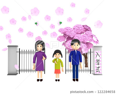 A parent and child standing in front of the gate of an elementary school with cherry blossoms in bloom, attending the entrance ceremony A parent and child standing in front of the gate of an elementary school with cherry blossoms in bloom, attending the entrance ceremony 122284658