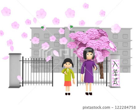 A parent and child standing in front of the gate of an elementary school with cherry blossoms in bloom, attending the entrance ceremony A parent and child standing in front of the gate of an elementary school with cherry blossoms in bloom, attending the entrance ceremony 122284758