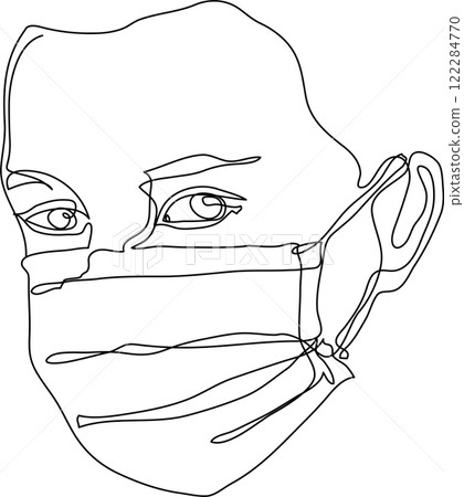 One continuous line drawing medical face mask. Concept of corona virus and PM2.5 dust. One continuous line drawing medical face mask. Concept of corona virus and PM2.5 dust. 122284770