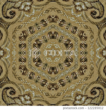 Pakistani ethnic lace texture. Geometric stripe ornament cover photo. Traditional mystic background design. Turkish fashion for floor tiles and carpet. Repeated pattern design for Indian textile print 122285012