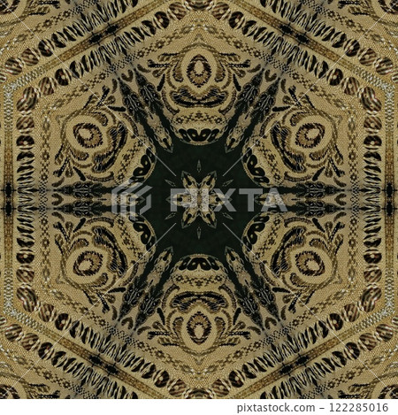 Pakistani ethnic lace texture. Geometric stripe ornament cover photo. Traditional mystic background design. Turkish fashion for floor tiles and carpet. Repeated pattern design for Indian textile print 122285016