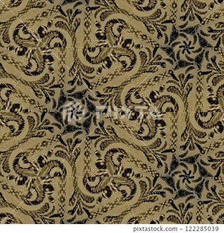 Pakistani ethnic lace texture. Geometric stripe ornament cover photo. Traditional mystic background design. Turkish fashion for floor tiles and carpet. Repeated pattern design for Indian textile print 122285039