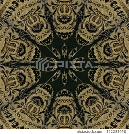 Pakistani ethnic lace texture. Geometric stripe ornament cover photo. Traditional mystic background design. Turkish fashion for floor tiles and carpet. Repeated pattern design for Indian textile print 122285058