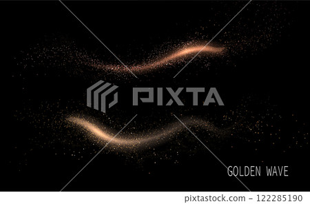 Set of isolated golden ribbons with shiny tinsel on black background, design elements 122285190