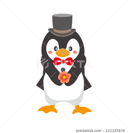 Vector illustration of a penguin wearing a tailcoat giving flowers 122285630