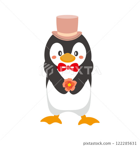 Illustration of a penguin wearing a pink top hat giving a flower as a gift 122285631