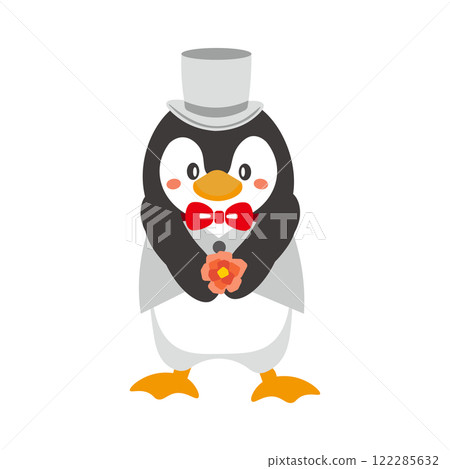 Illustration of a penguin groom giving flowers at a wedding 122285632