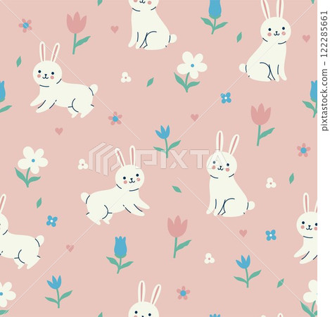 Simple seamless pattern with cute rabbits and flowers in pastel colors. Vector graphics. Simple seamless pattern with cute rabbits and flowers in pastel colors. Vector graphics. 122285661