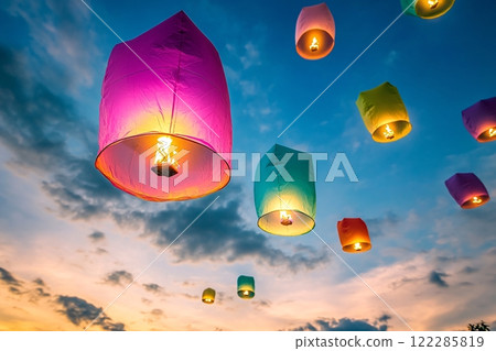 During the Festival of Lights celebration, vibrant-colored lanterns illuminate the night sky 122285819