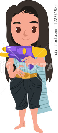 cartoon thai woman in traditional thai dress with water gun celebrating songkran festival 122285983