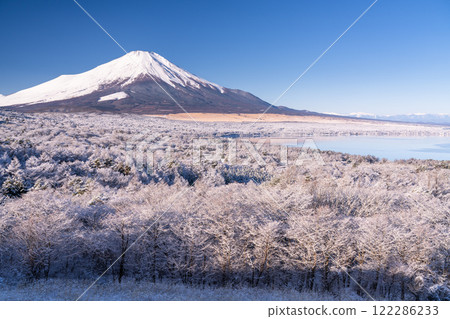 <<Yamanashi Prefecture>> View of Mt. Fuji in winter and snow-covered Lake Yamanaka Panorama Platform <<Yamanashi Prefecture>> View of Mt. Fuji in winter and snow-covered Lake Yamanaka Panorama Platform 122286233