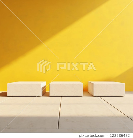 Abstract square banner with three white square exhibition stands on a yellow background. AI generated image 122286482