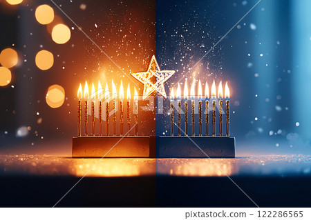 A peaceful holiday night with a glowing menorah and a bright Christmas star illuminating the snowy 122286565