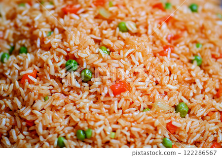 A background featuring Chinese rice dishes adorned with vibrant stir-fried vegetables, egg 122286567