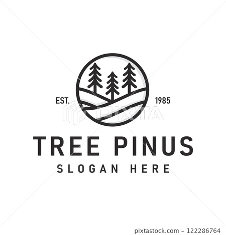Silhouette Three Pine Trees Similar to Spruce. Wavy Hills Forest Classic Vintage Logo Design Line Art Vector Design Silhouette Three Pine Trees Similar to Spruce. Wavy Hills Forest Classic Vintage Logo Design Line Art Vector Design 122286764